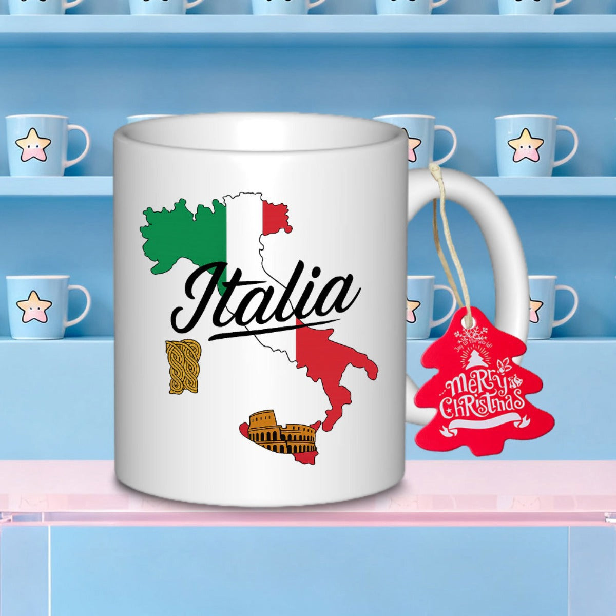 Tailorly White Ceramic 11 oz Mug - Italia Vibrant Italian Flag Colors Within Geographic Map Silhouette And Historic Landmark Mug