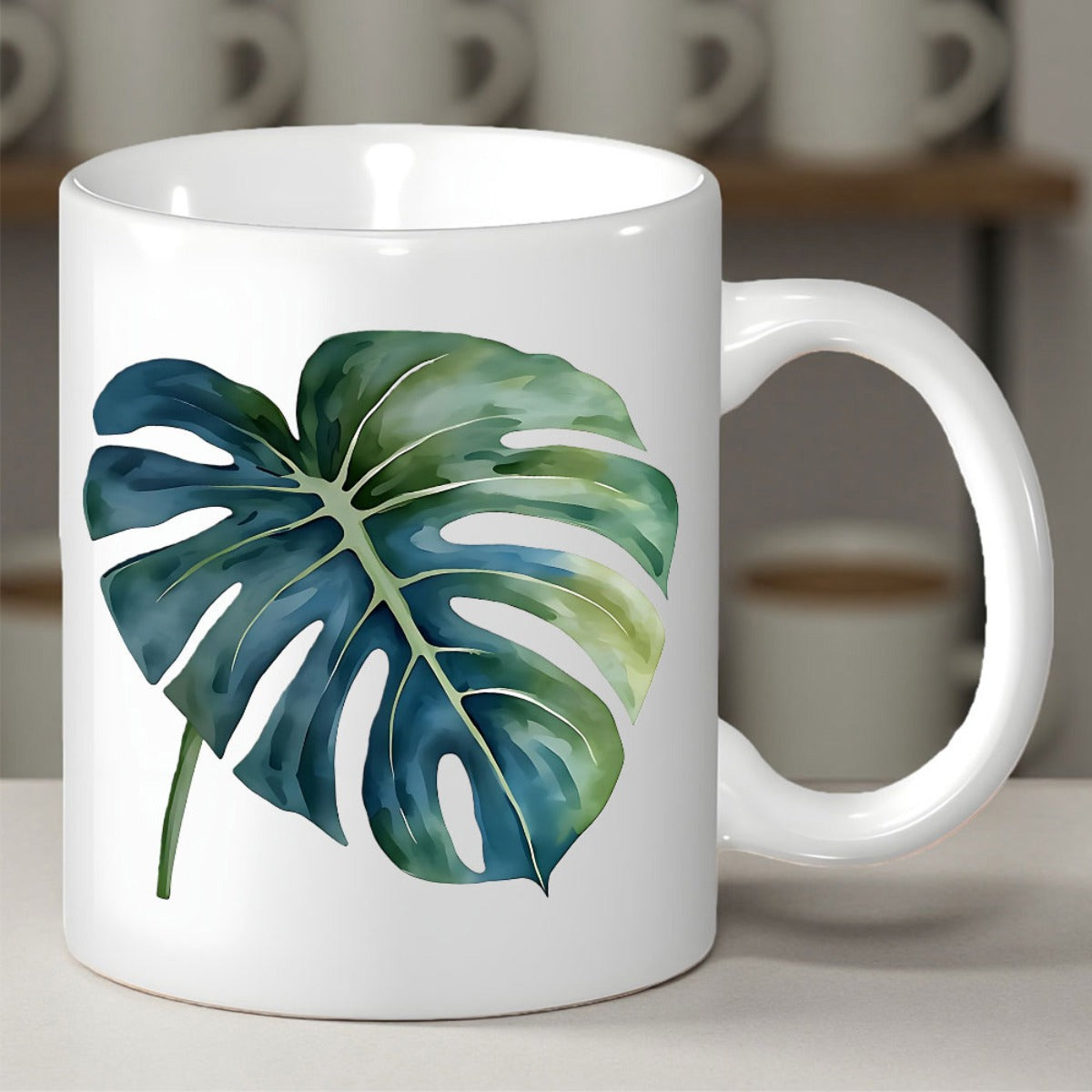 Tailorly White Ceramic 11 oz Mug - Tropical Botanical Watercolor Illustration Featuring A Lush Green Monstera Deliciosa Leaf