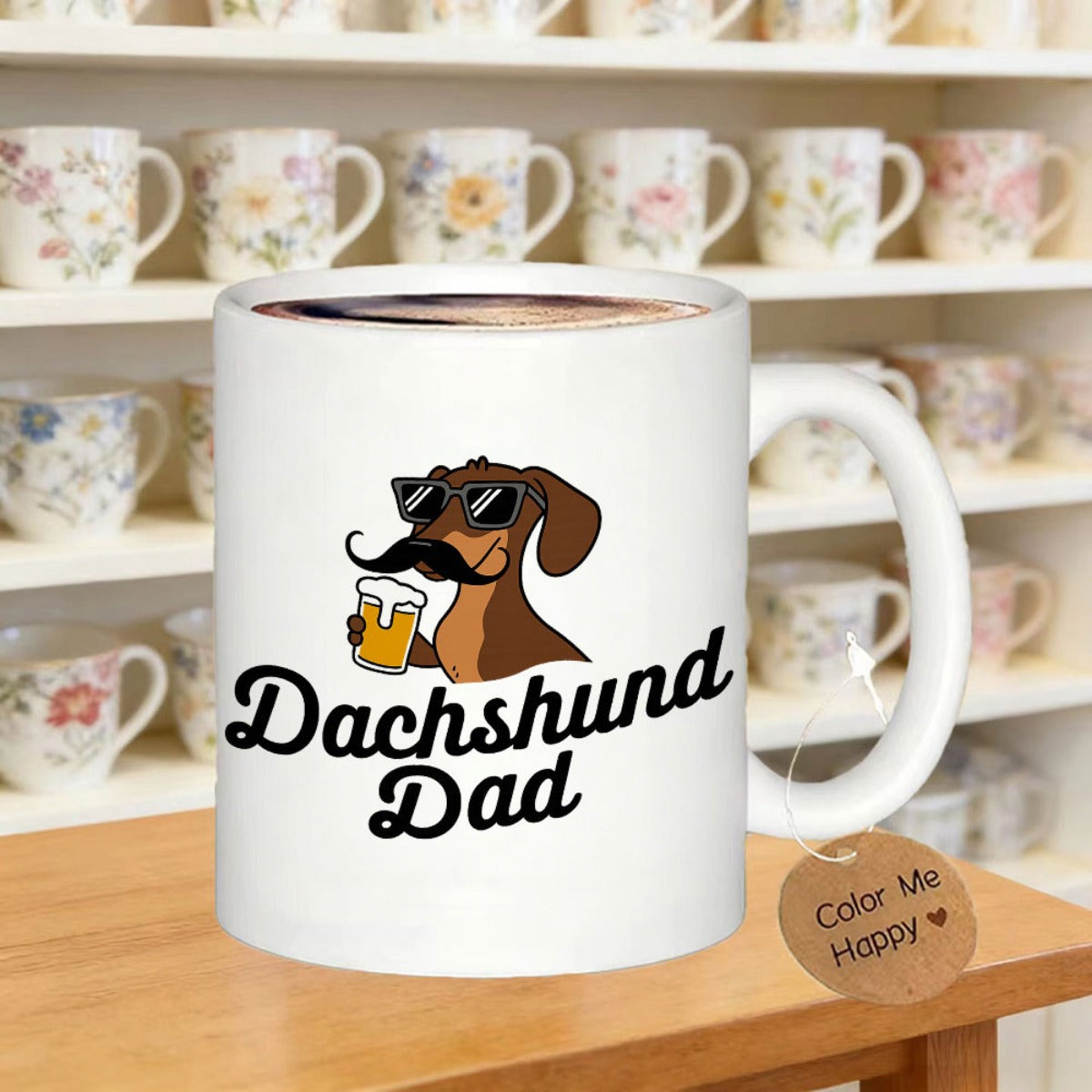 Tailorly White Ceramic 11 oz Mug - Dachshund Dad Stylish Wiener Dog With Sunglasses And Mustache Drinking Beer Dachshund