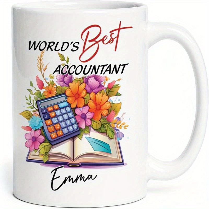 Tailorly White Ceramic 11 oz Mug - Worlds Best Accountant Emma Colorful Blossoming Flowers Resting Upon An Open Book With Vintage Calculator