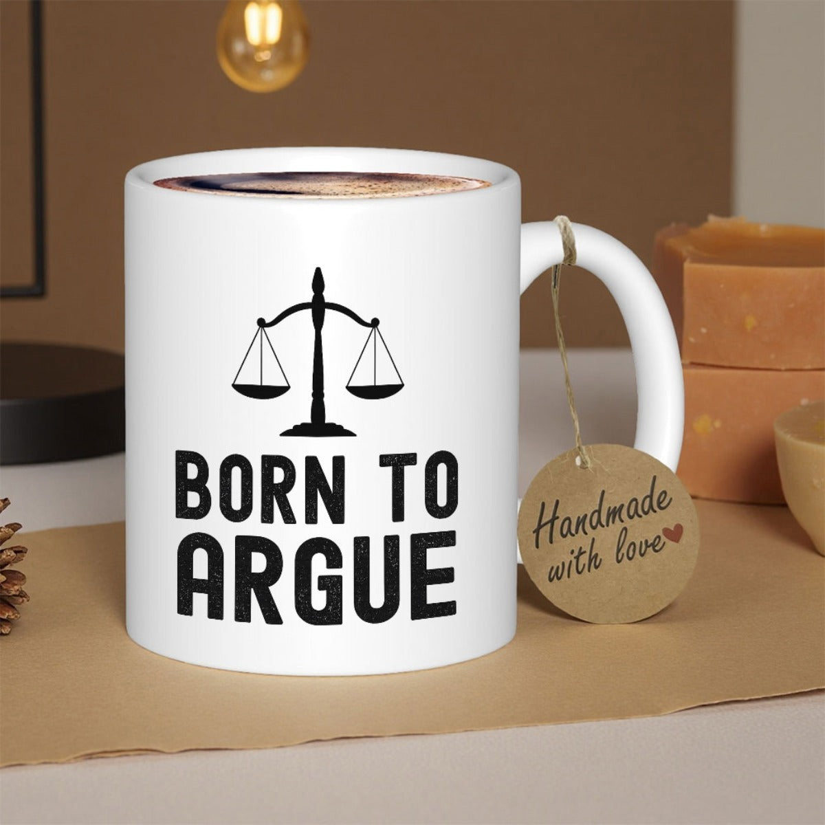 Tailorly White Ceramic 11 oz Mug - Born To Argue Black Minimalist Professional Law Balance Scales Icon Representing Legal Order Scale