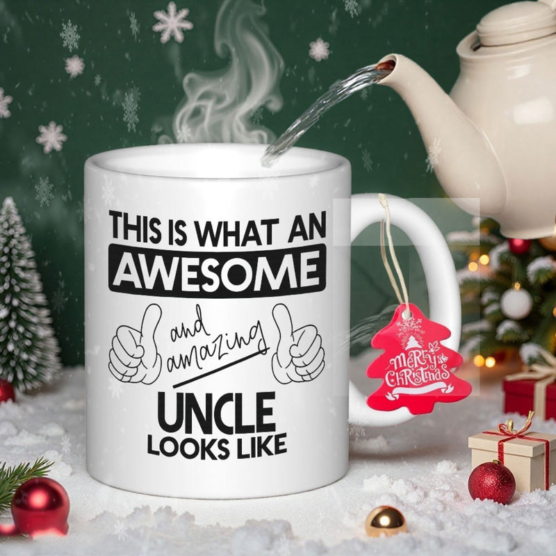 Tailorly White Ceramic 11 oz Mug - This Is What An Awesome And Amazing Uncle Looks Like Classic White Ceramic Body Featuring Symmetric Hand Drawn Thumbs Up Graphic