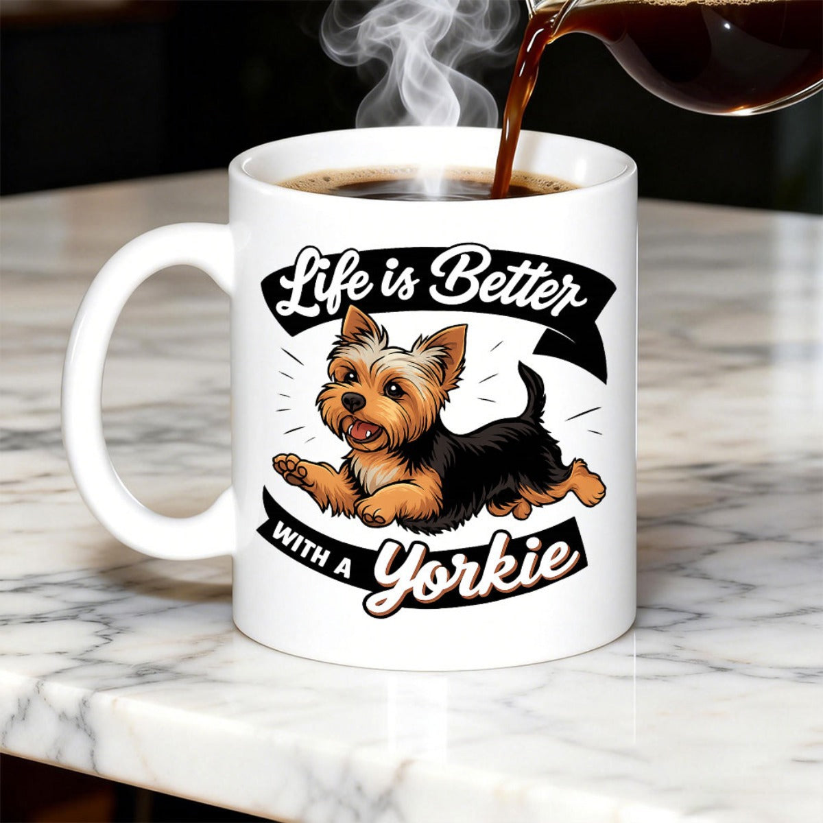 Tailorly White Ceramic 11 oz Mug - Life Is Better With A Yorkie Adorable Furry Puppy Running On A White Surface Yorkie