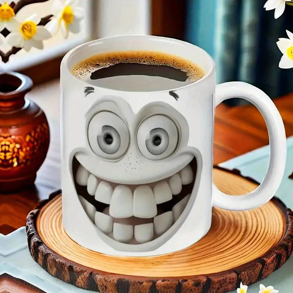 Tailorly White Ceramic 11 oz Mug - Animated Three Dimensional Grinning Character With Bulging Eyes And Large Teeth Face