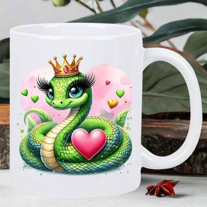 Tailorly White Ceramic 11 oz Mug - Cute Green Cartoon Wearing Golden Crown Surrounded By Hearts Snake