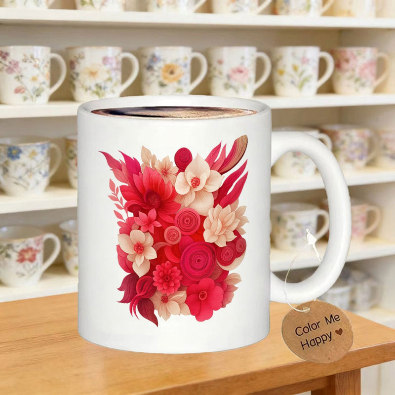 Tailorly White Ceramic 11 oz Mug - Color Me Happy Vibrant Red And Pink Blossoms Blooming Among Delicate Lush Green Leaves Bouquet