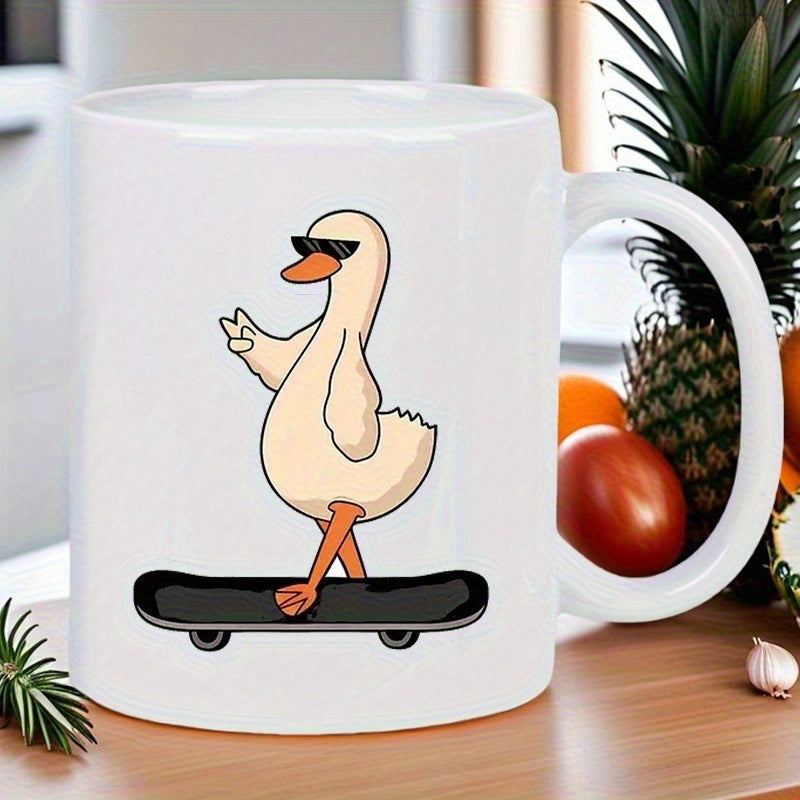 Tailorly White Ceramic 11 oz Mug - Cool Cartoon Animal Wearing Sunglasses Riding A Black Skateboard Goose