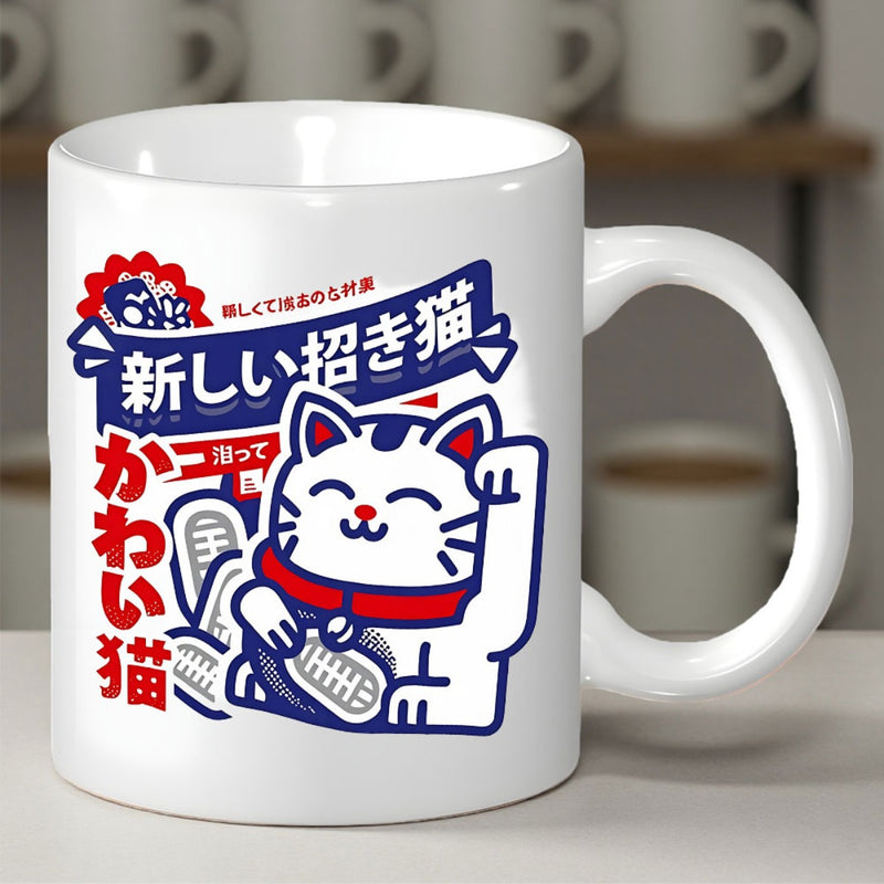 Tailorly White Ceramic 11 oz Mug - Charming Traditional Japanese Maneki Neko Illustration Holding A Shiny Golden Coin Cat