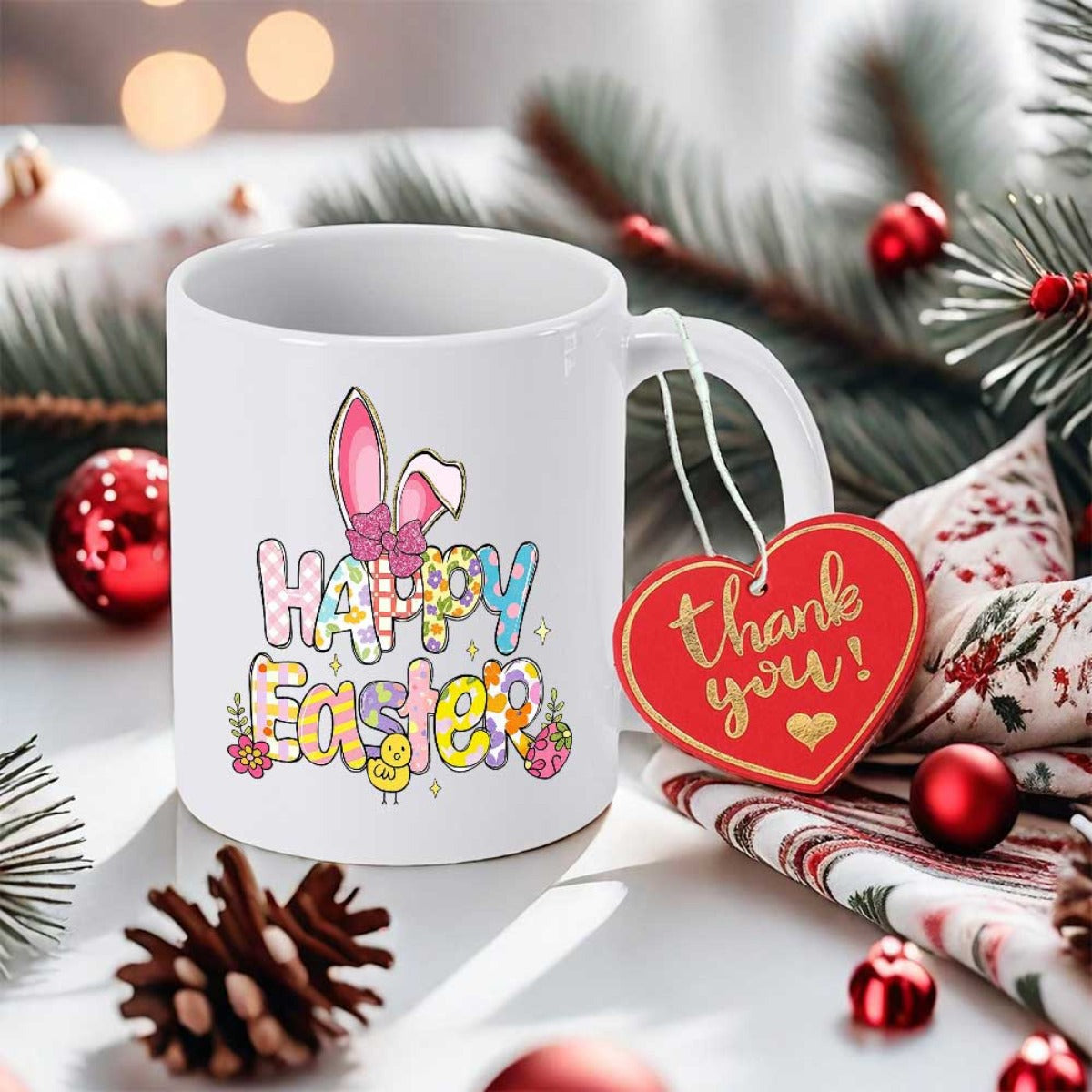 Tailorly White Ceramic 11 oz Mug - Happy Easter Colorful Patterned Letters With Pink Bunny Ears And Small Chick Bunny