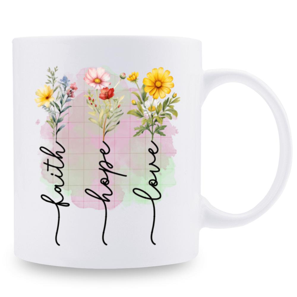 Tailorly White Ceramic 11 oz Mug - Faith Hope Love Vibrant Watercolor Blossoms Rising From Elegant Hand Written Script Wildflowers