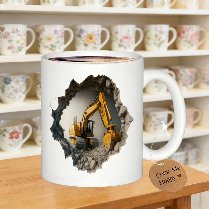 Tailorly White Ceramic 11 oz Mug - Industrial Yellow Construction Machine Breaking Through Realistic Cracked Stone Wall Excavator