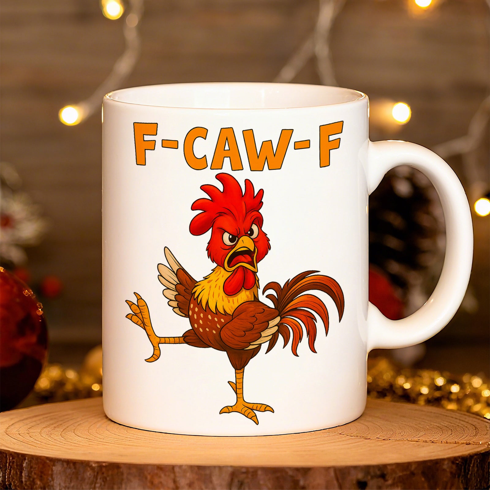 Tailorly White Ceramic 11 oz Mug - F CAW F Angry Animated Cartoon Chicken Standing On One Leg In Vibrant Colors Rooster