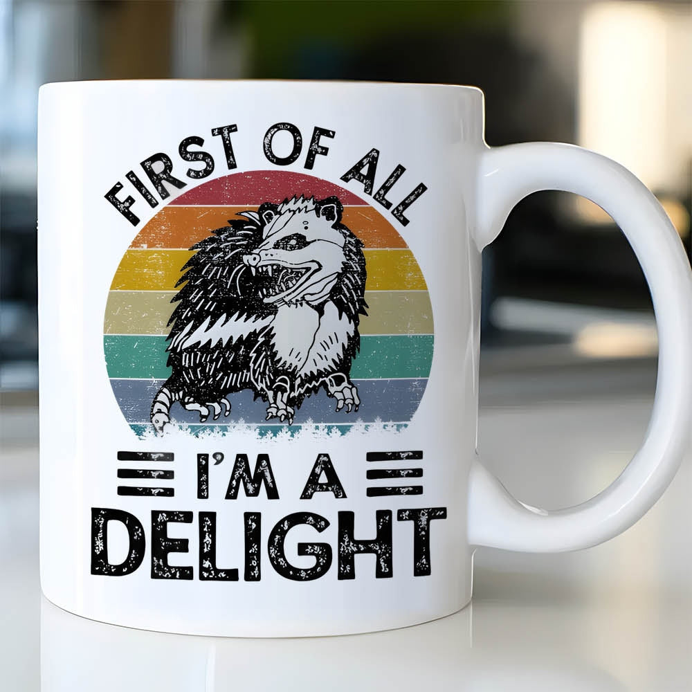 Tailorly White Ceramic 11 oz Mug - First Of All Im A Delight Vintage Sunset Stripes Background Featuring A Grumpy Hissing Wild Animal Opossum
