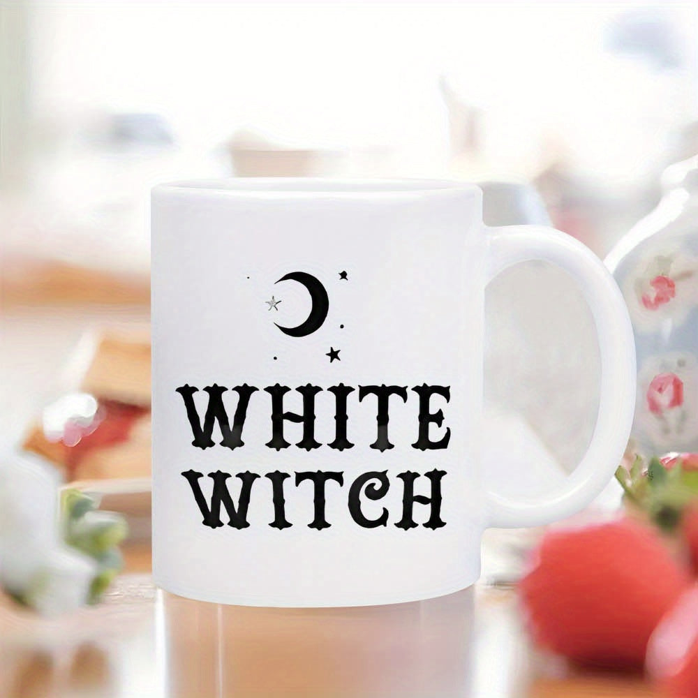 Tailorly White Ceramic 11 oz Mug - White Witch Mystical Black Crescent Moon Among Tiny Stars With Bold Vintage Lettering Moon