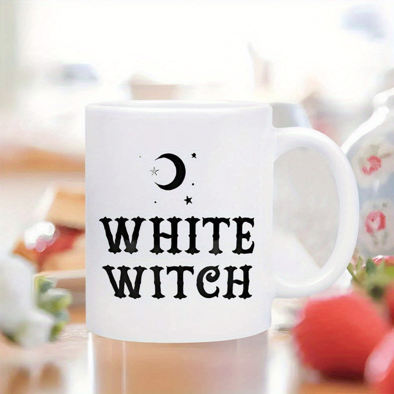 Tailorly White Ceramic 11 oz Mug - White Witch Mystical Black Crescent Moon Among Tiny Stars With Bold Vintage Lettering Moon