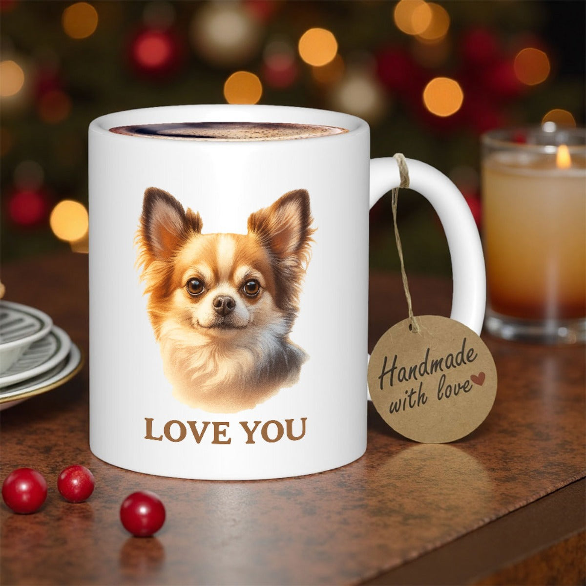Tailorly White Ceramic 11 oz Mug - Love You Long Haired Cute Brown And White Head With Sweet Expression Chihuahua