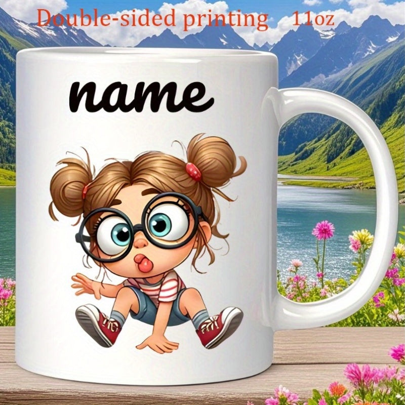 Tailorly White Ceramic 11 oz Mug - Name Adorable Cartoon Character Wearing Large Glasses With Double Hair Buns Girl