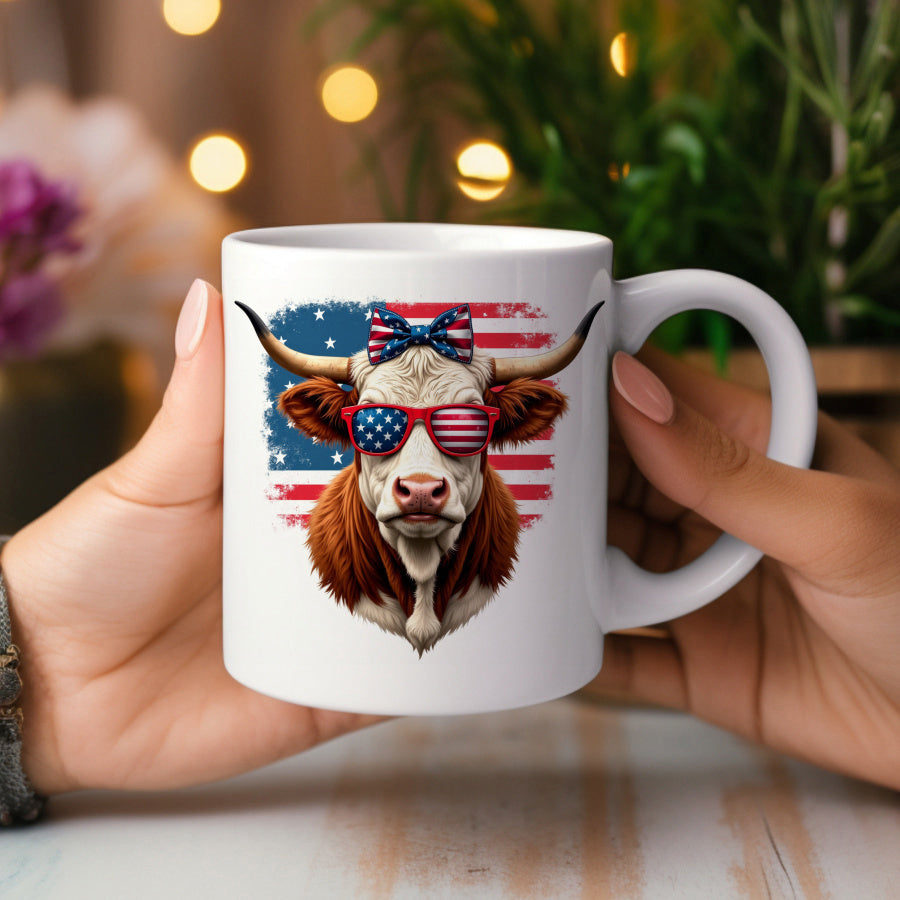 Tailorly White Ceramic 11 oz Mug - Patriotic Distressed American Flag Background With Sunglasses And Cute Bow Cow
