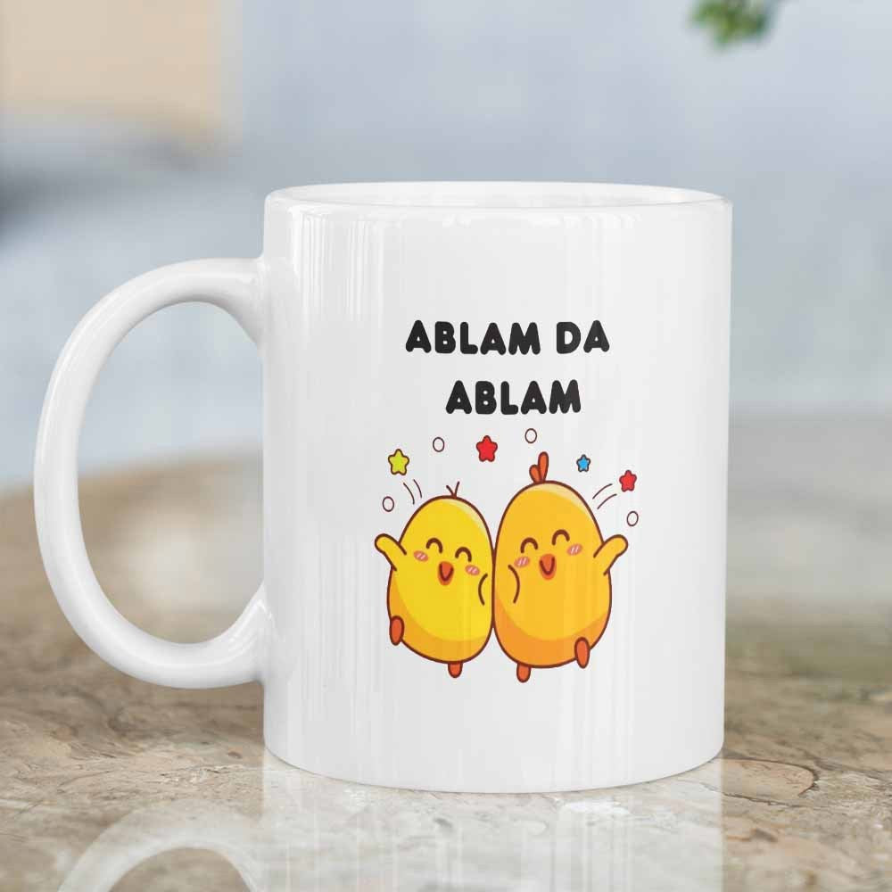 Tailorly White Ceramic 11 oz Mug - Two Cheerful Little Yellow Birds Dancing Together Under Colorful Floating Stars Chick