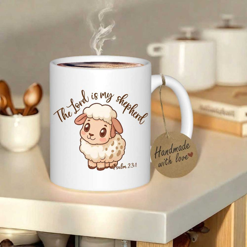 Tailorly White Ceramic 11 oz Mug - The Lord Is My Shepherd Adorable Fluffy Cartoon Sheep With Big Kind Eyes Standing Lamb