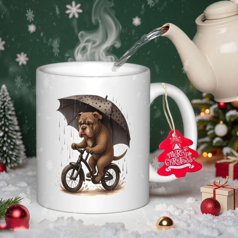 Tailorly White Ceramic 11 oz Mug - Merry Christmas Charming Bulldog Riding A Bicycle Under A Rainy Day Umbrella Bulldog