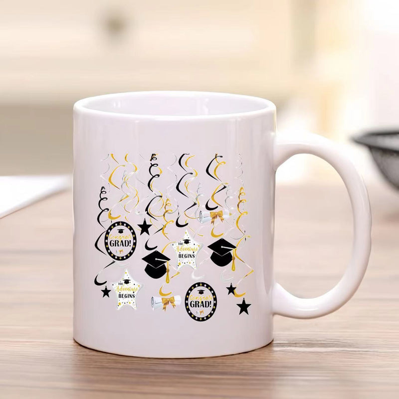Tailorly White Ceramic 11 oz Mug - Grad Festive Black And Gold Streamers Dancing Around Stars And Academic Mortarboard