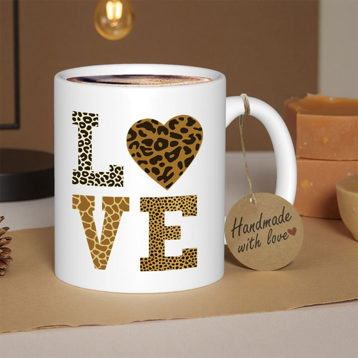 Tailorly White Ceramic 11 oz Mug - Love Wild Leopard Animal Print Pattern Inside Elegant Heart And Block Letters Mug