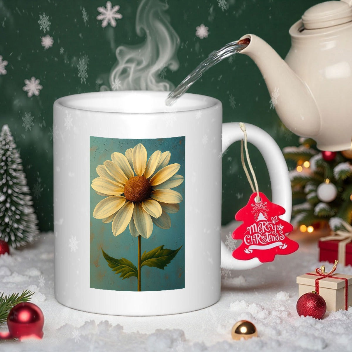 Tailorly White Ceramic 11 oz Mug - Blooming Yellow Petals With Green Leaves Under Soft Lighting Flower