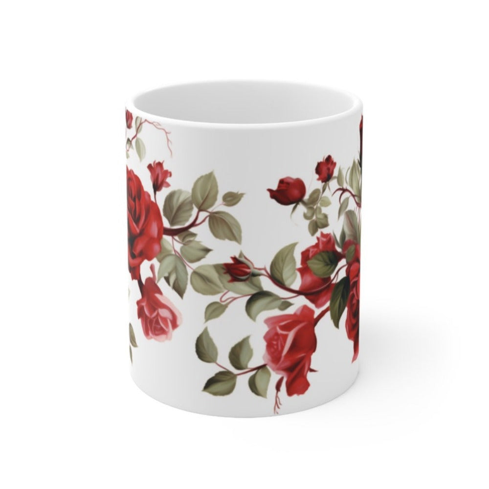 Tailorly White Ceramic 11 oz Mug - Graceful Blooming Red Roses With Elegant Green Leaves And Stems Rose