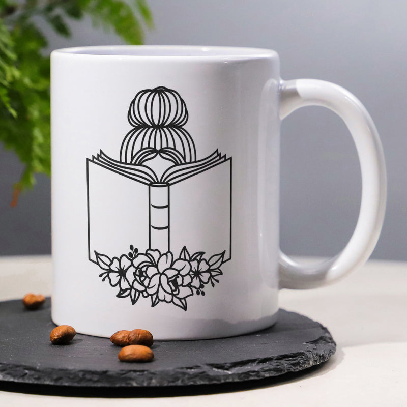 Tailorly White Ceramic 11 oz Mug - Minimalist Artistic Silhouette Of Woman Reading Open Book Among Delicate Flowers Book