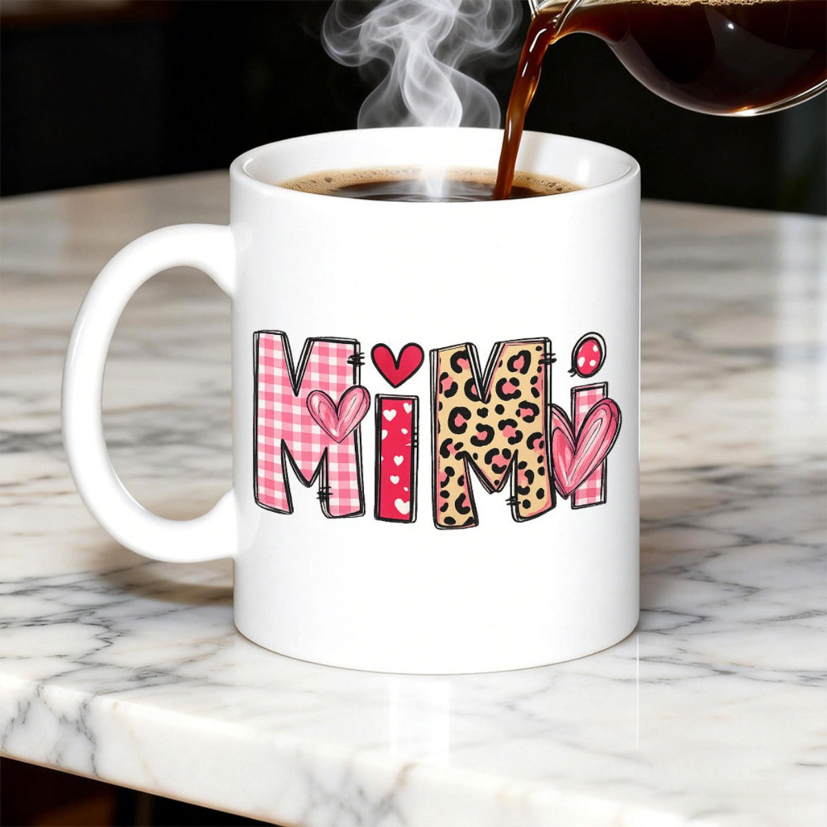 Tailorly White Ceramic 11 oz Mug - Mimi Pink Gingham And Leopard Print Artistic Letters With Hearts Lettering