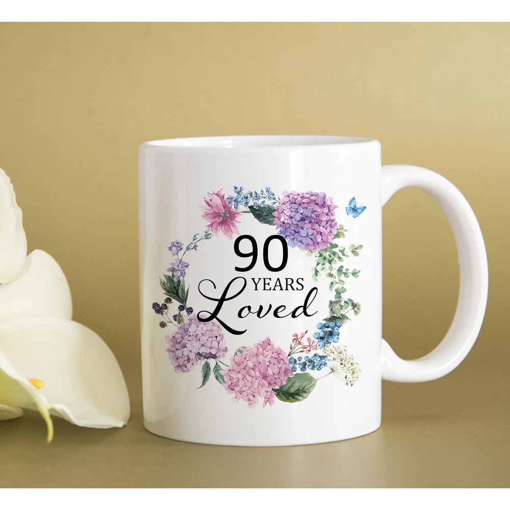 Tailorly White Ceramic 11 oz Mug - 90 Years Loved Elegant Floral Wreath With Purple Hydrangeas And Small Delicate Blue Butterfly Mug