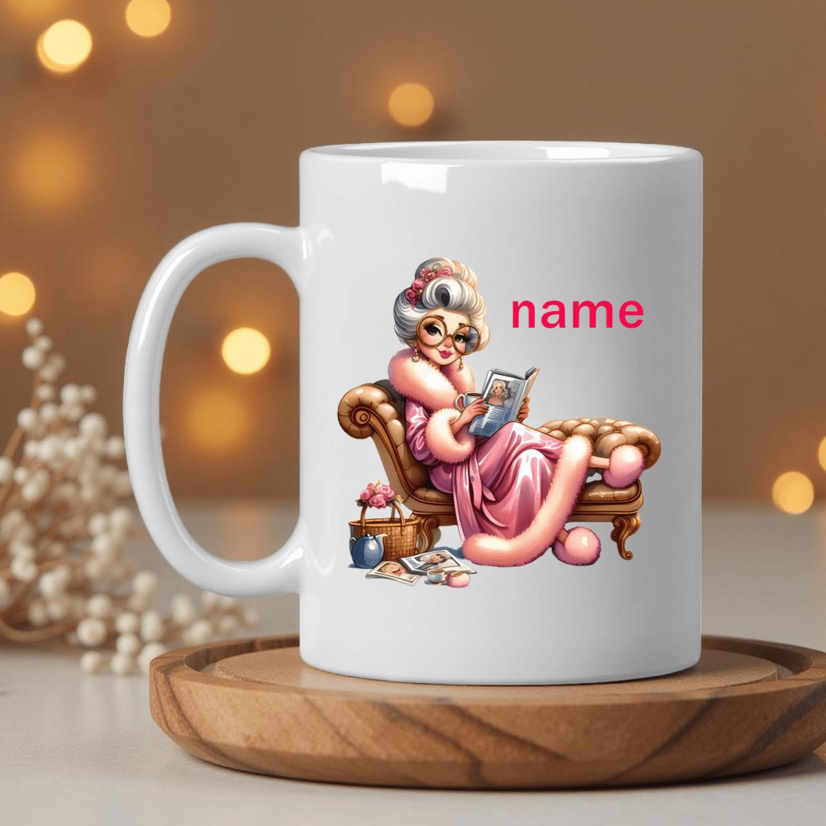Tailorly White Ceramic 11 oz Mug - Name Stylish Senior Lady Wearing Pink Robe Resting On Ornate Gold Sofa Grandmother