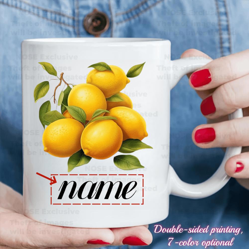 Tailorly White Ceramic 11 oz Mug - Name Bright Yellow Lemons With Fresh Green Leaves And Artistic Botanical Details Lemon
