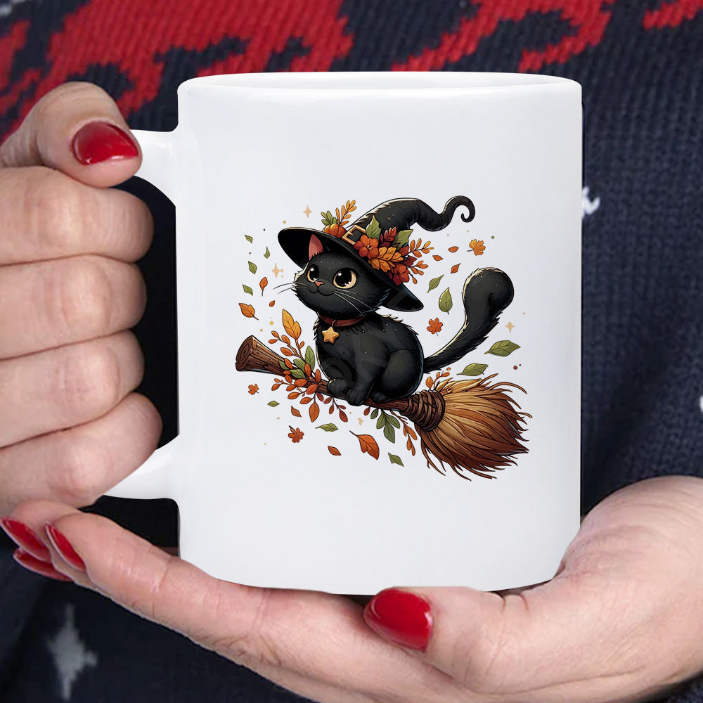 Tailorly White Ceramic 11 oz Mug - Adorable Black Kitten Wearing Witch Hat Flying On Magic Broomstick Among Autumn Leaves Cat