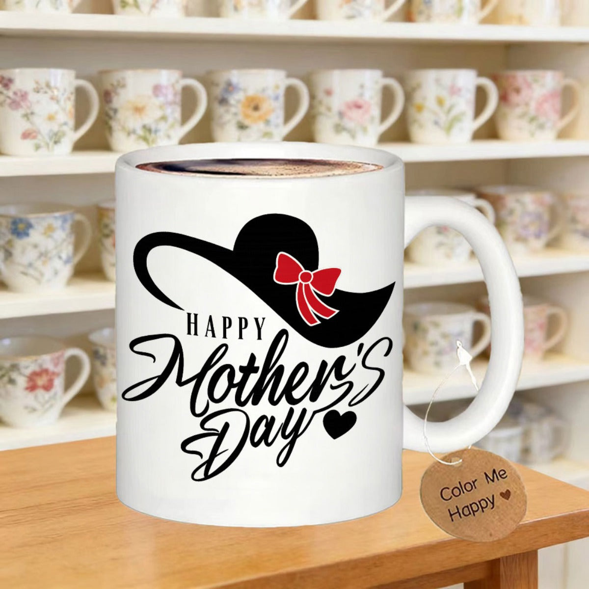Tailorly White Ceramic 11 oz Mug - Happy Mothers Day Elegant Wide Brimmed Black Silhouette Hat With Tiny Red Ribbon Bow Hat