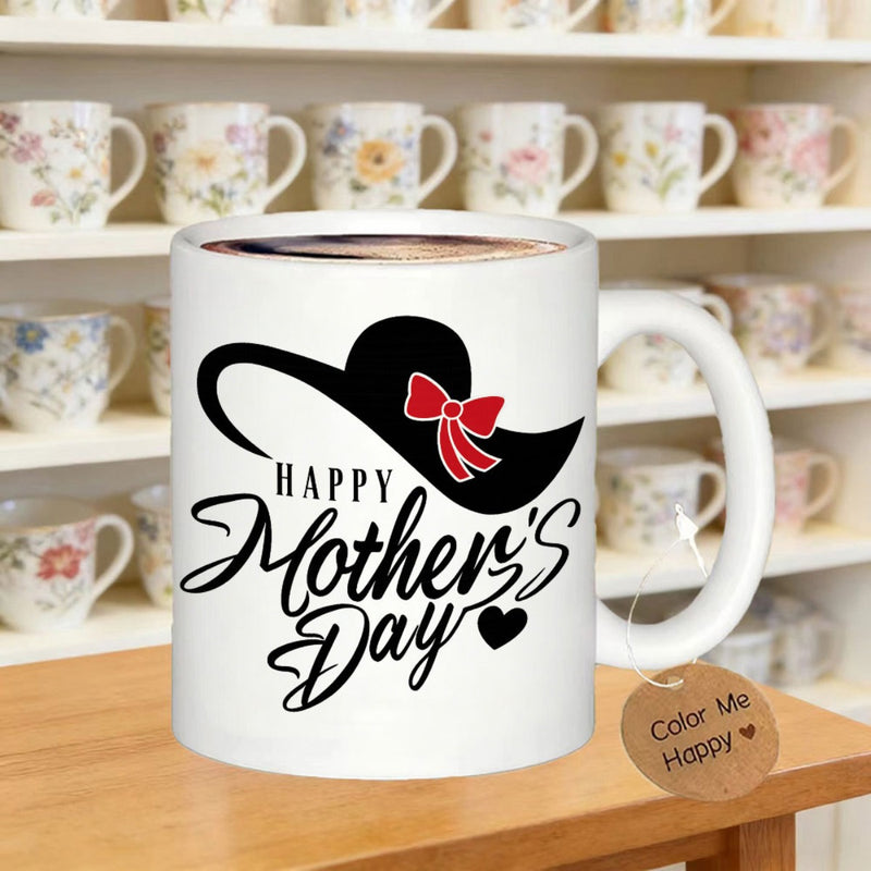 Tailorly White Ceramic 11 oz Mug - Happy Mothers Day Elegant Wide Brimmed Black Silhouette Hat With Tiny Red Ribbon Bow Hat