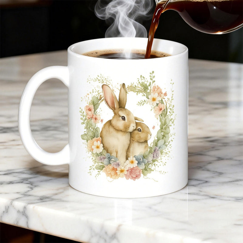 Tailorly White Ceramic 11 oz Mug - Soft Watercolor Floral Wreath Featuring Two Cute Brown Forest Creatures Rabbit