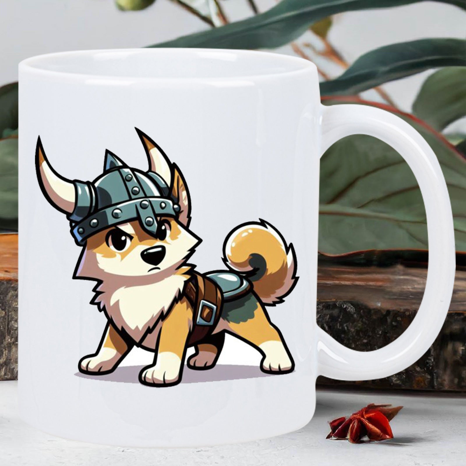 Tailorly White Ceramic 11 oz Mug - Brave Little Warrior Wearing A Horned Metallic Viking Helmet Standing Proudly Corgi