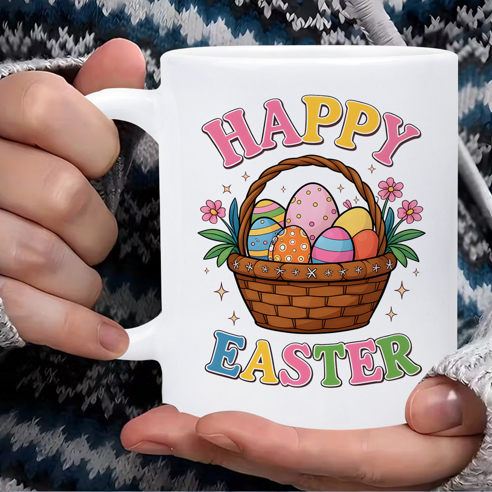 Tailorly White Ceramic 11 oz Mug - Happy Easter Woven Brown Basket Filled With Colorful Decorated Eggs And Flowers Basket