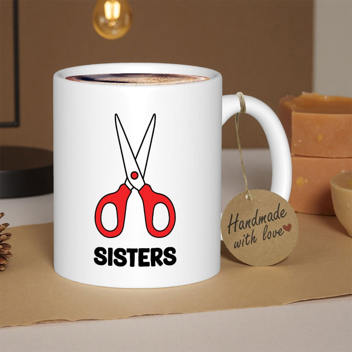 Tailorly White Ceramic 11 oz Mug - Sisters Minimalist Open Blades With Vibrant Symmetrical Red Circular Handles Scissors