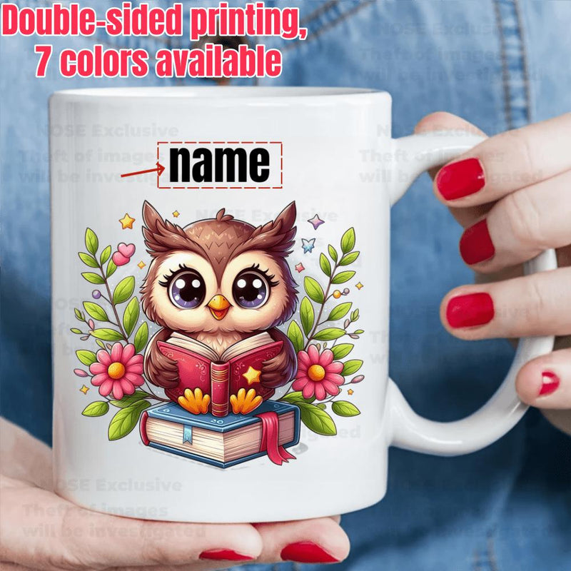 Tailorly White Ceramic 11 oz Mug - Name Adorable Brown Owl Reading Book Among Colorful Flowers And Vibrant Foliage Owl