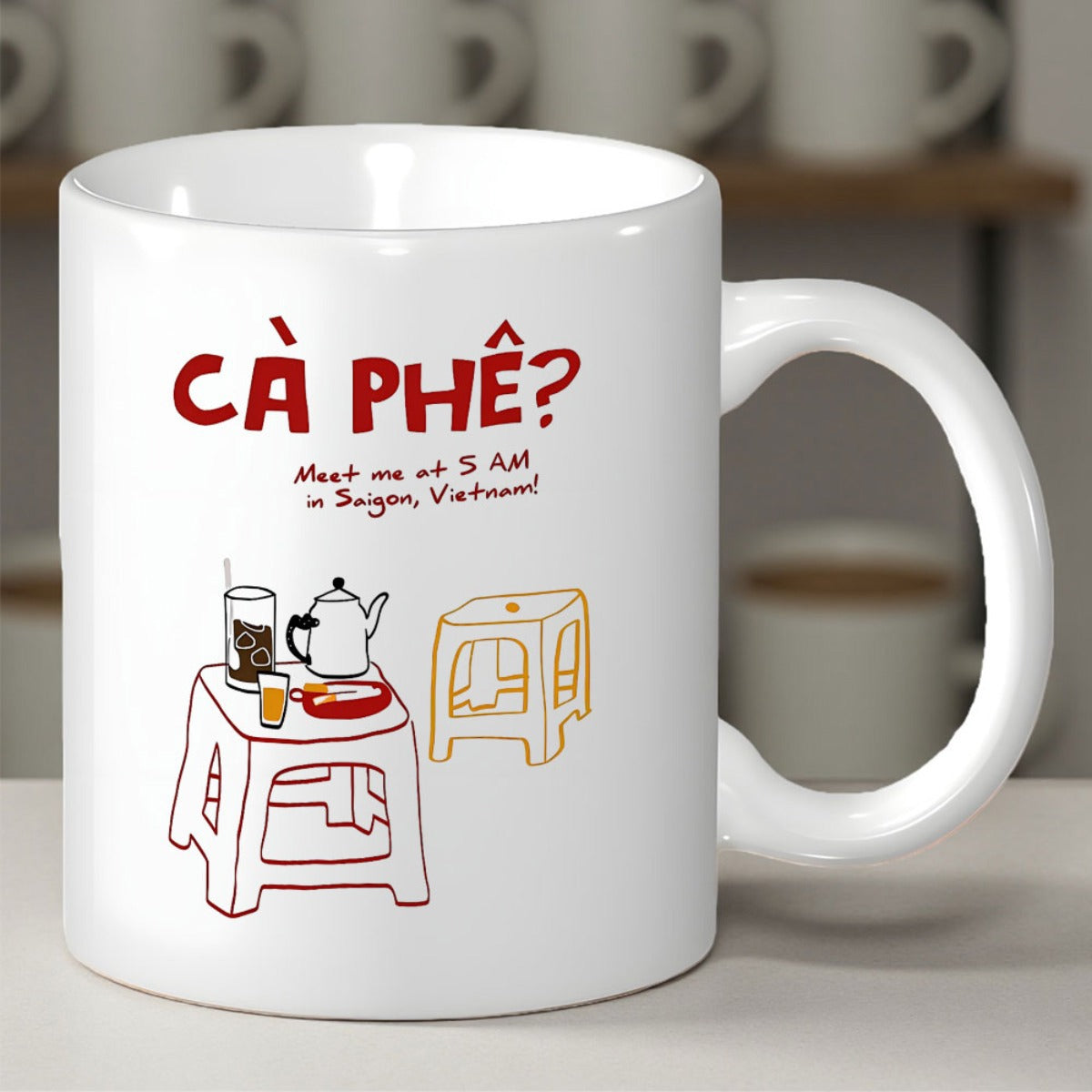 Tailorly White Ceramic 11 oz Mug - Meet Me At 5 AM In Saigon Vietnam Minimalist Line Drawing Of Vietnamese Street Coffee Culture On Stools Cafe