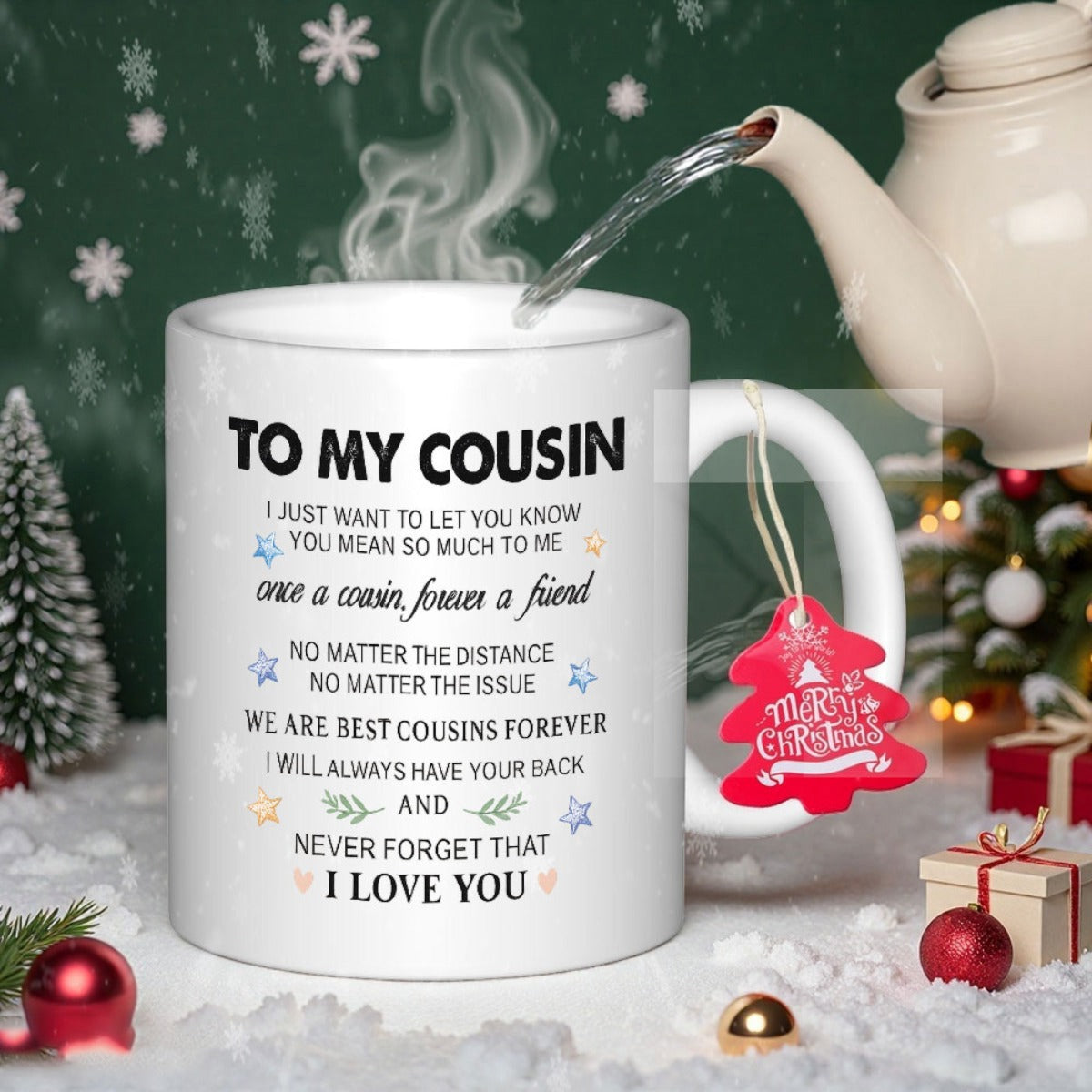 Tailorly White Ceramic 11 oz Mug - To My Cousin I Love You Minimalist White Ceramic Vessel Among Festive Winter Holiday Decorations Mug
