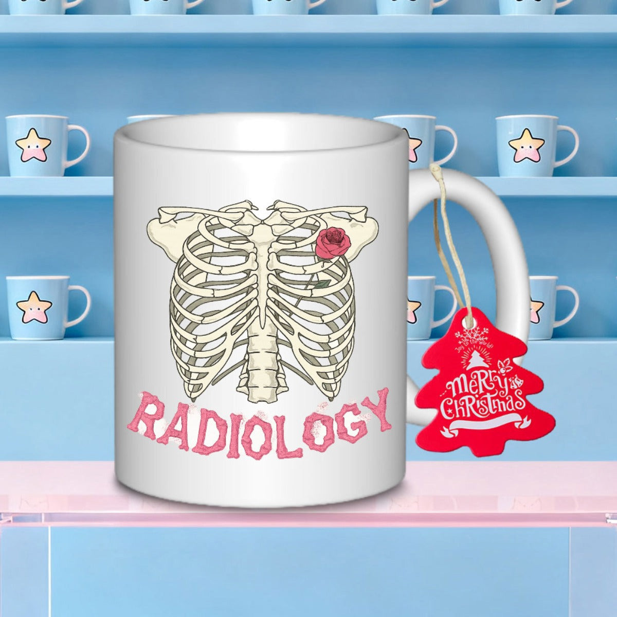 Tailorly White Ceramic 11 oz Mug - Radiology Anatomical Skeletal Bone Structure With Delicate Red Rose Ribcage