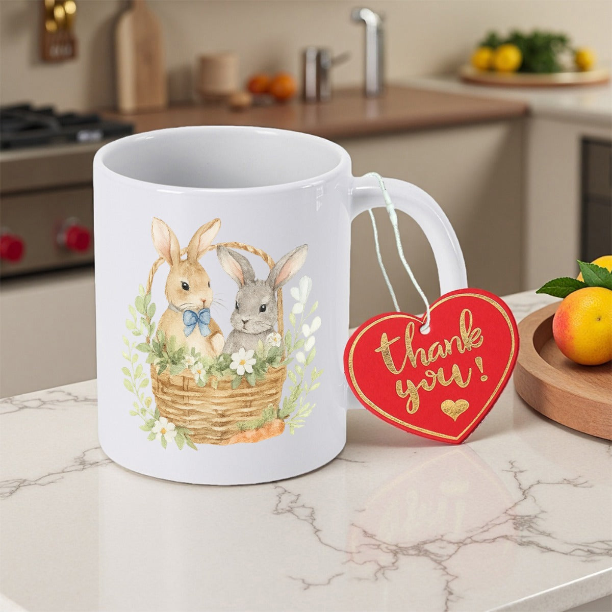 Tailorly White Ceramic 11 oz Mug - Thank You Adorable Small Bunnies Resting Inside A Cozy Floral Basket Rabbit