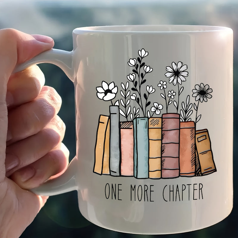 Tailorly White Ceramic 11 oz Mug - One More Chapter Colorful Stack Of Delicate Wild Flowers Growing From Spines Book