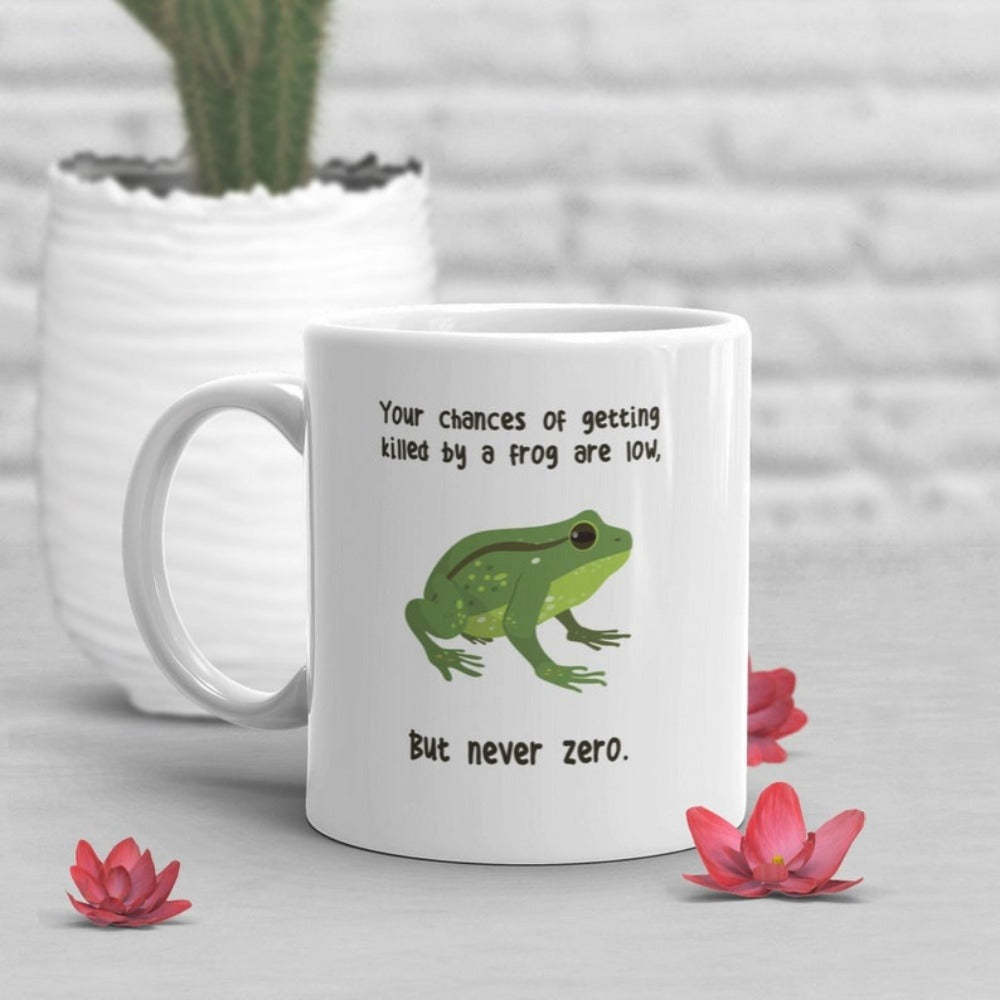 Tailorly White Ceramic 11 oz Mug - Your Chances Of Getting Killed By A Frog Are Low But Never Zero Vibrant Green Tree Frog Resting On A Clean Bright Background