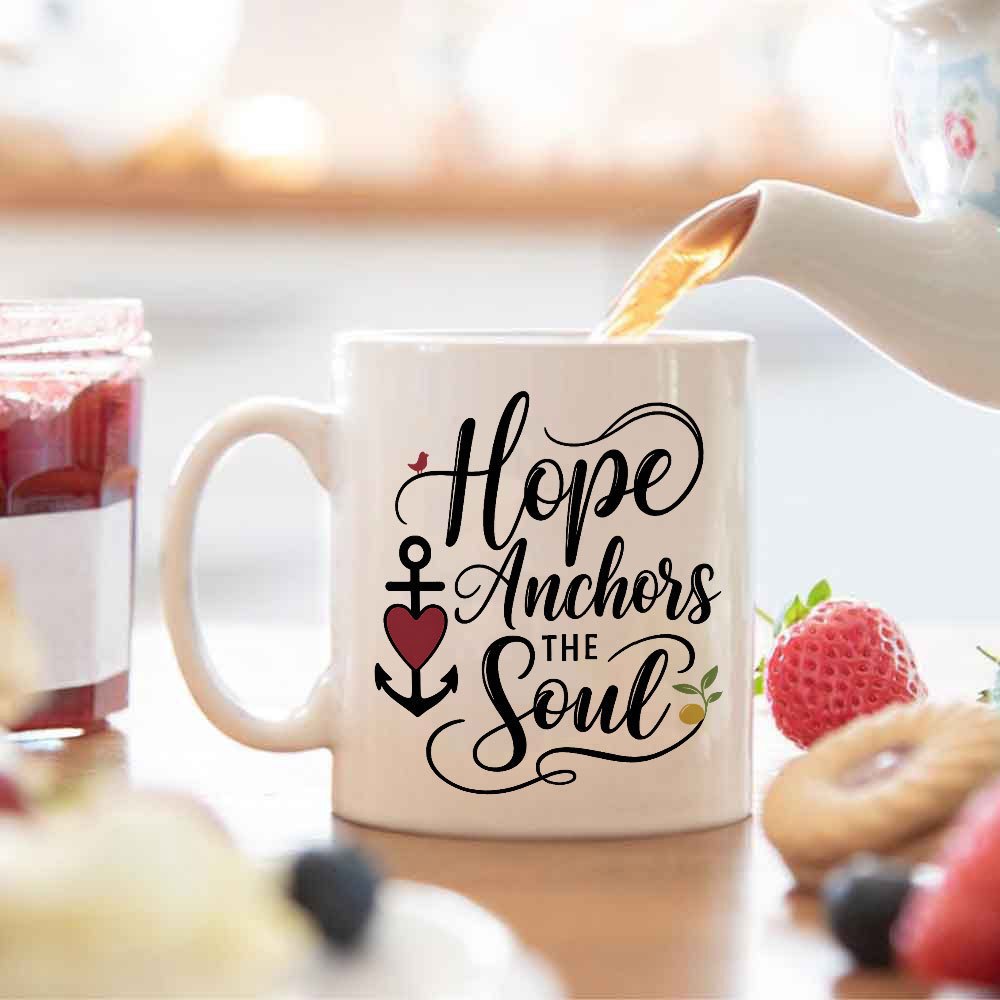 Tailorly White Ceramic 11 oz Mug - Hope Anchors The Soul Nautical Style With Decorative Swirls And Heart Symbol Featuring Branch Anchor