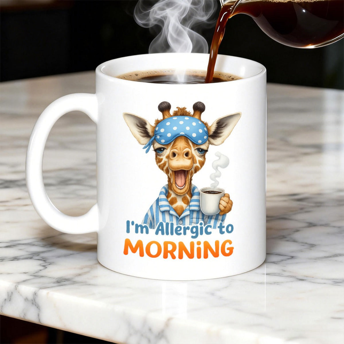 Tailorly White Ceramic 11 oz Mug - Im Allergic To Morning Cute Sleepy Wearing Striped Pajamas Blue Polka Dot Mask Giraffe